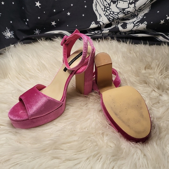 Pink Velour Chunky Heels with Ankle Strap - Picture 2 of 5
